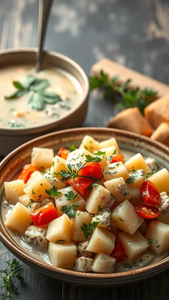 A bowl of creamy potato salad with diced potatoes, tomatoes, and herbs, next to a bowl of soup.