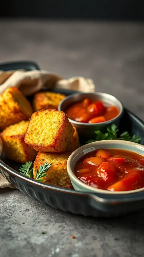 A platter of crispy polenta bites served with marinara sauce.