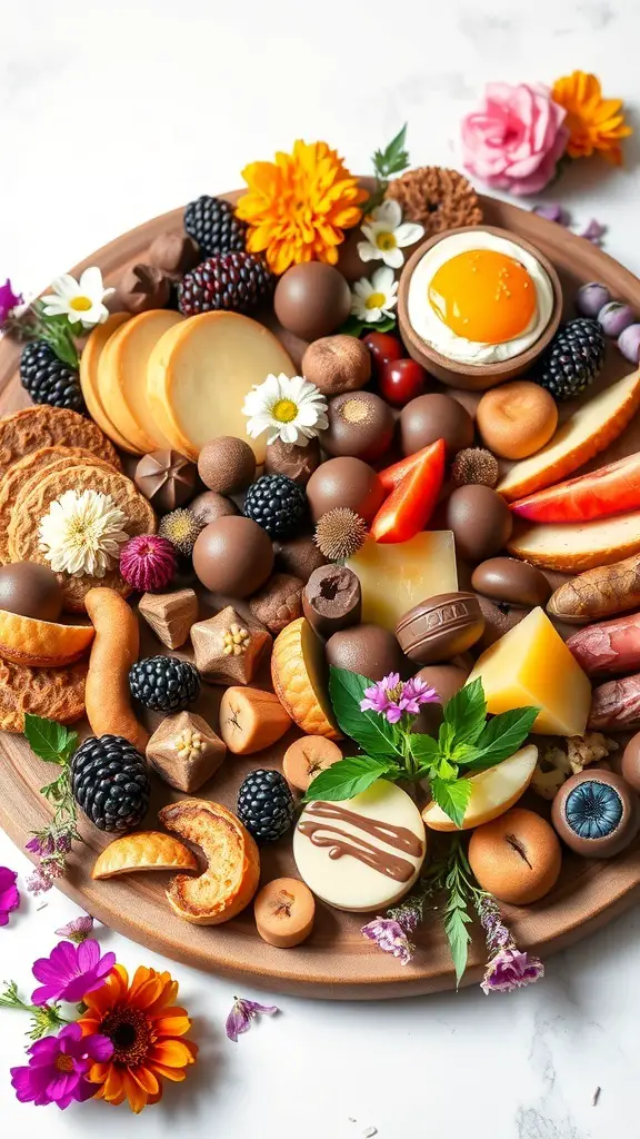 A beautifully arranged sweet and savory charcuterie board featuring cheeses, chocolates, fruits, and flowers.