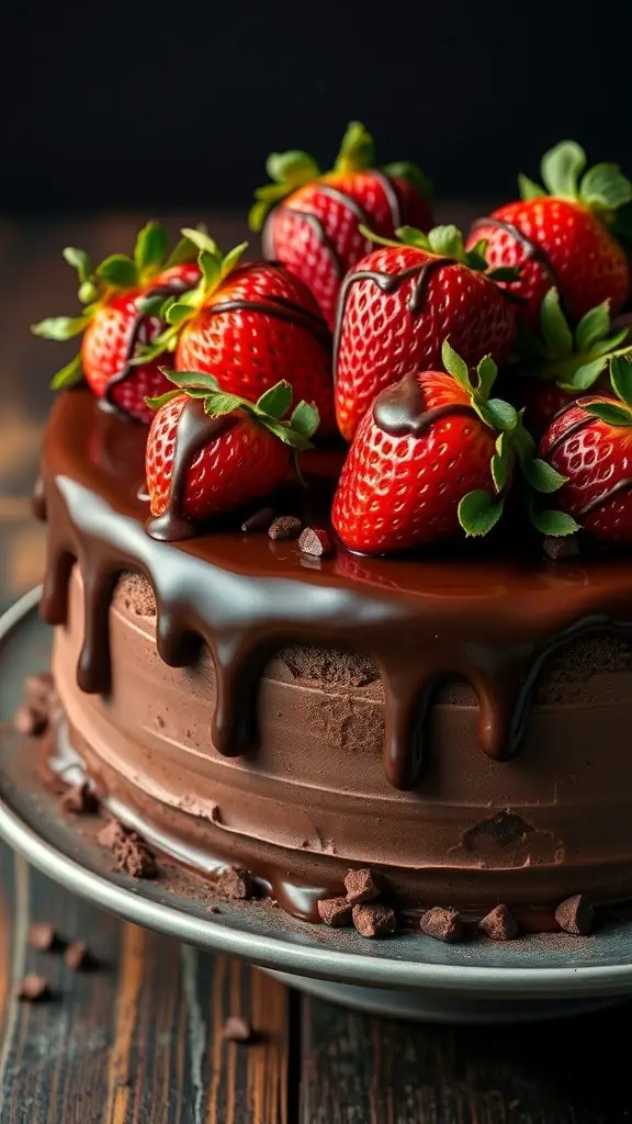 A delicious chocolate-covered strawberry cake topped with fresh strawberries and chocolate drizzle.