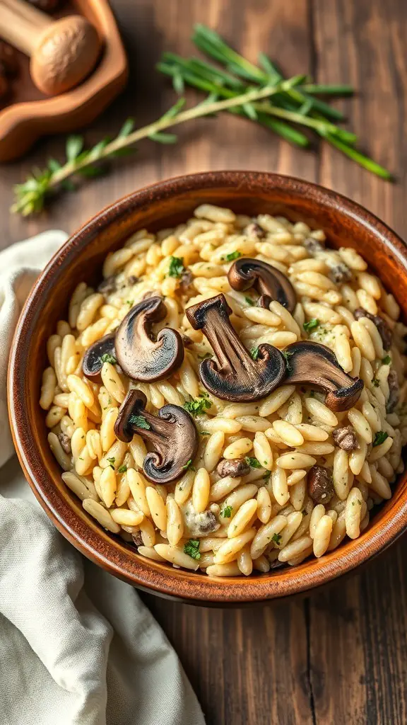 A bowl of creamy mushroom risotto topped with fresh mushrooms and herbs.