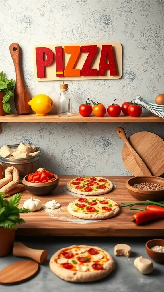 A mini pizza making station with various toppings and ingredients