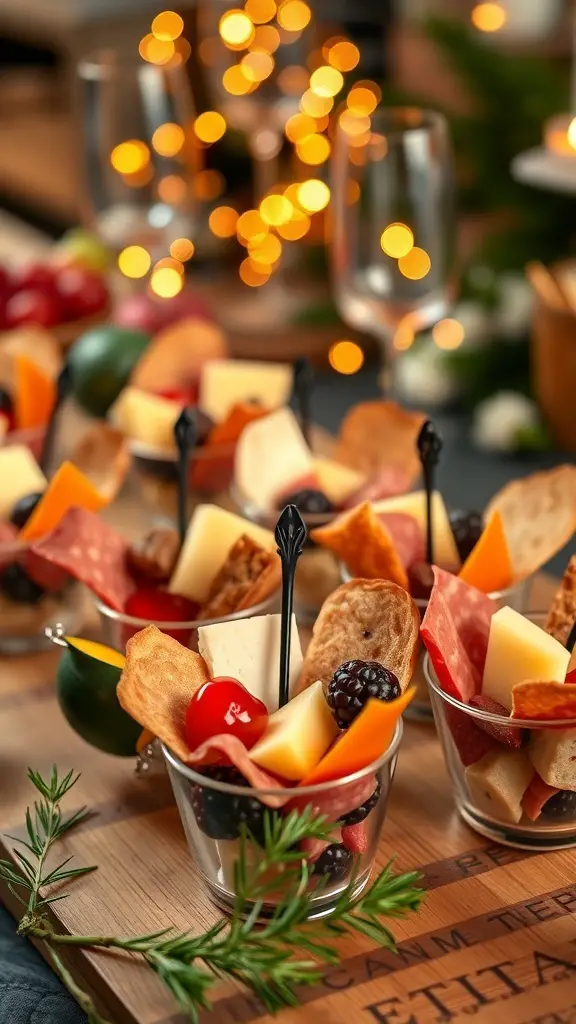 Personalized charcuterie cups filled with cheese, meats, fruits, and crackers on a wooden board with festive lights in the background.