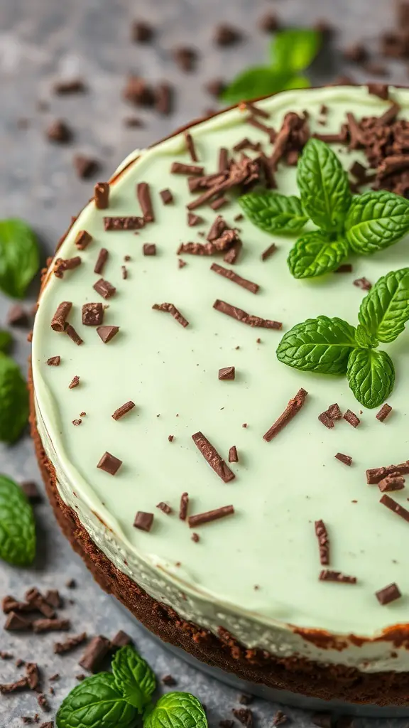 Mint chocolate cheesecake topped with chocolate shavings and mint leaves