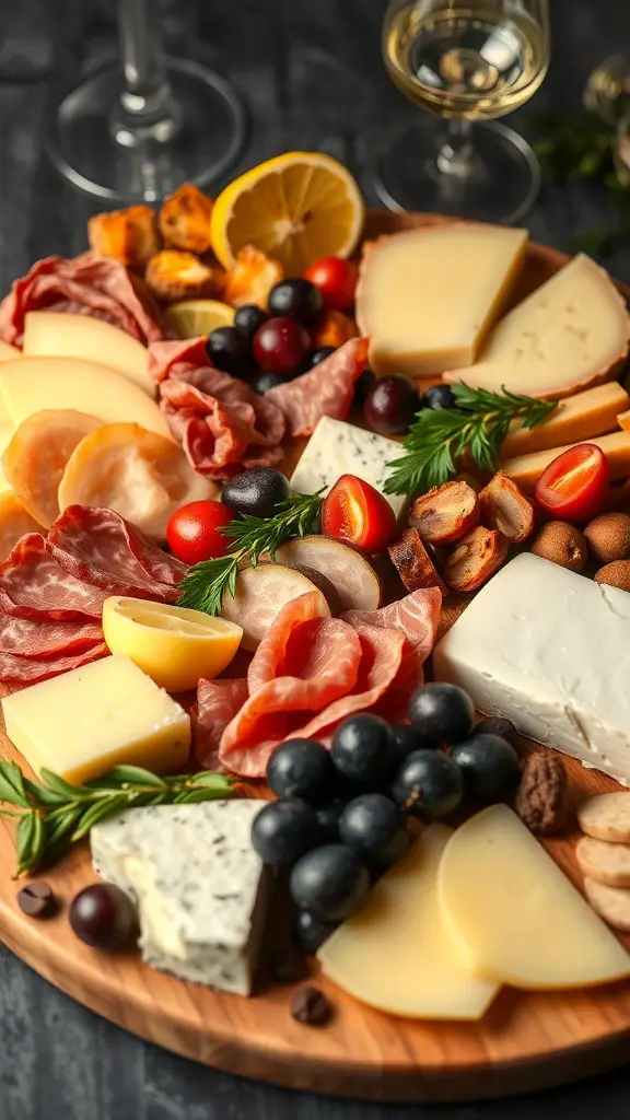 A large charcuterie board featuring various meats, cheeses, fruits, and garnishes, set for a formal event.
