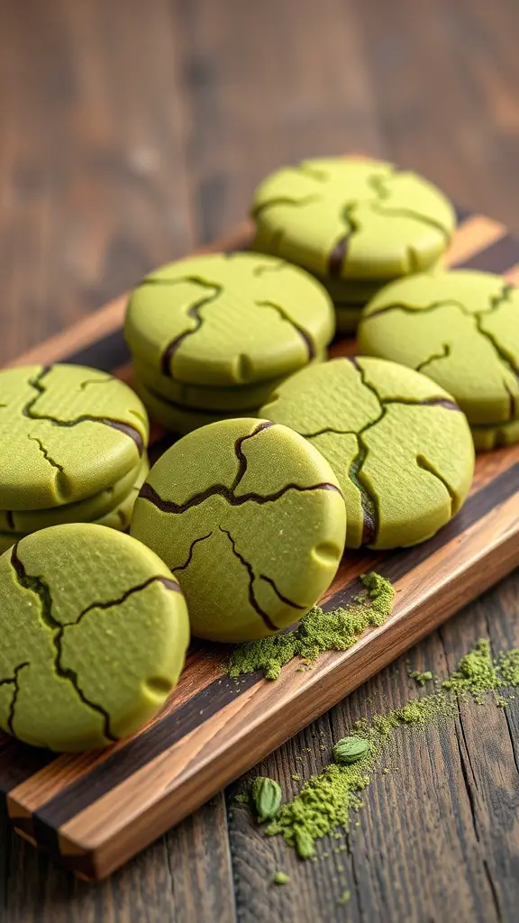 A plate of matcha green tea cookies with a cracked surface, showcasing their unique texture.