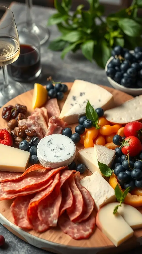 A beautifully arranged cheese and charcuterie board with various cheeses, cured meats, fruits, and nuts.