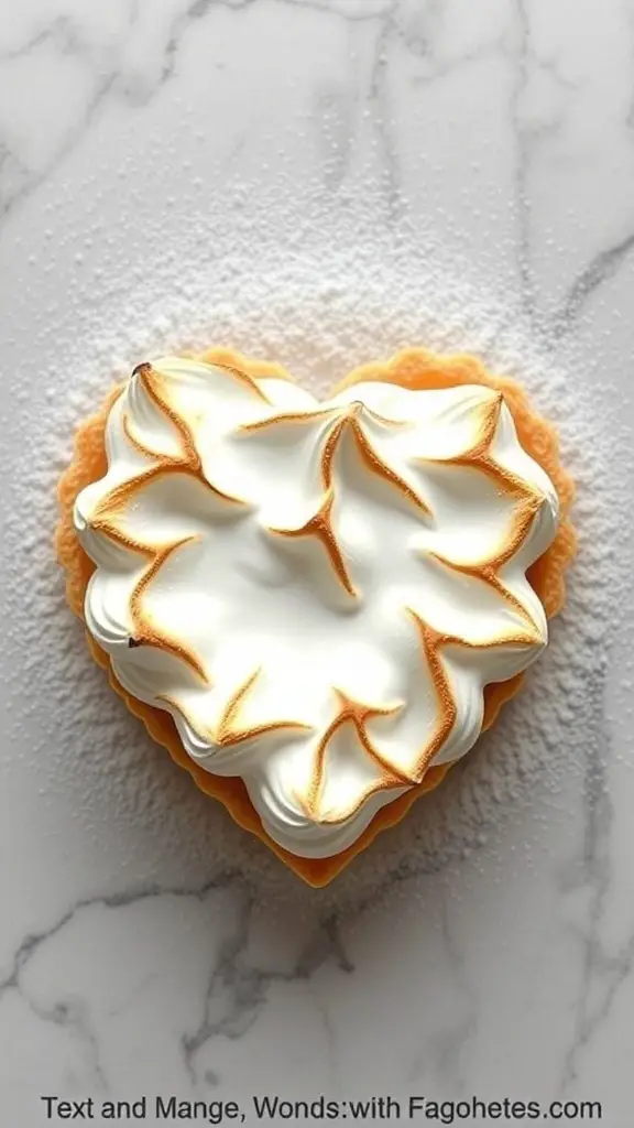 A heart-shaped lemon meringue tart with golden toasted meringue on top, placed on a marble surface.