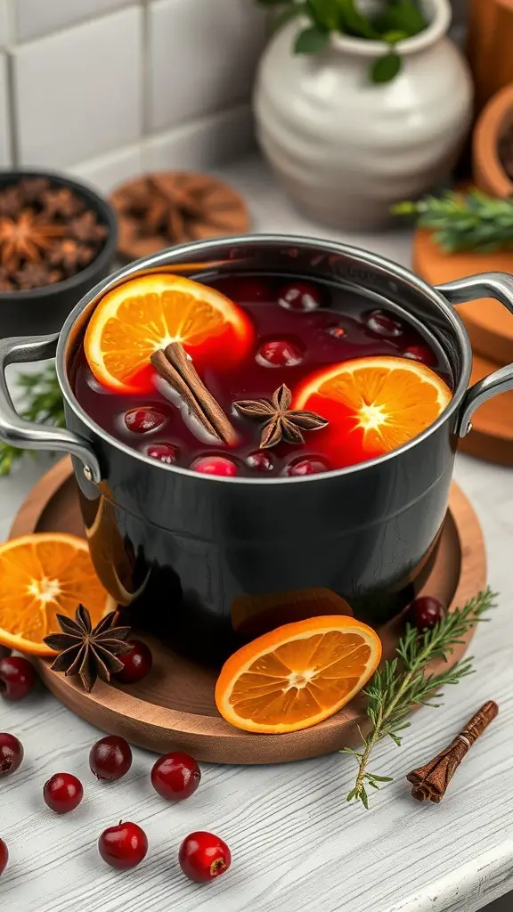 A pot of warm mulled cranberry juice with orange slices and spices, surrounded by fresh cranberries and decorative elements.