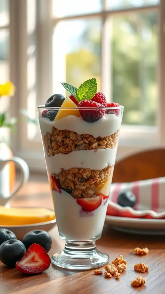 A delicious Greek yogurt parfait with granola, fresh fruits, and mint, served in a glass.