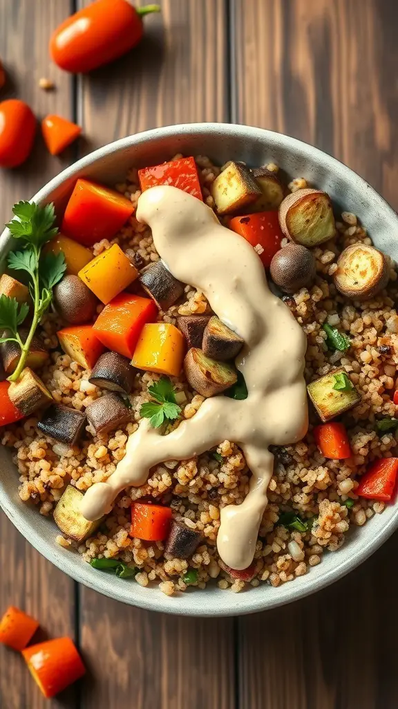A bowl of roasted vegetable grain bowl with colorful vegetables and a creamy sauce.