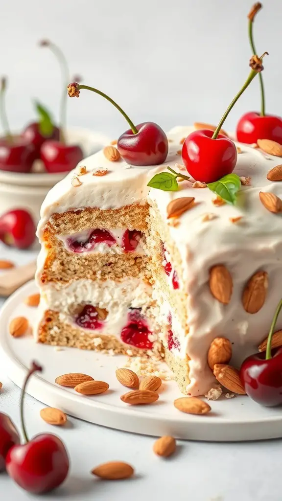 A Cherry Almond Sweetheart Bento Cake with cherries and almonds on top