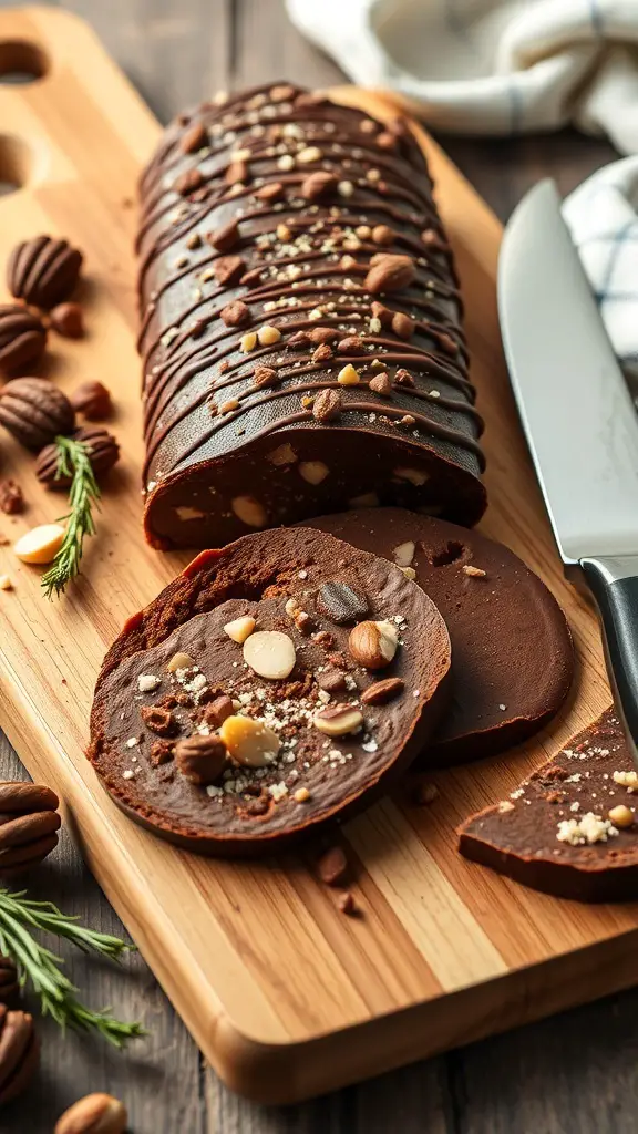 Sliced chocolate salami on a wooden board with nuts and a knife