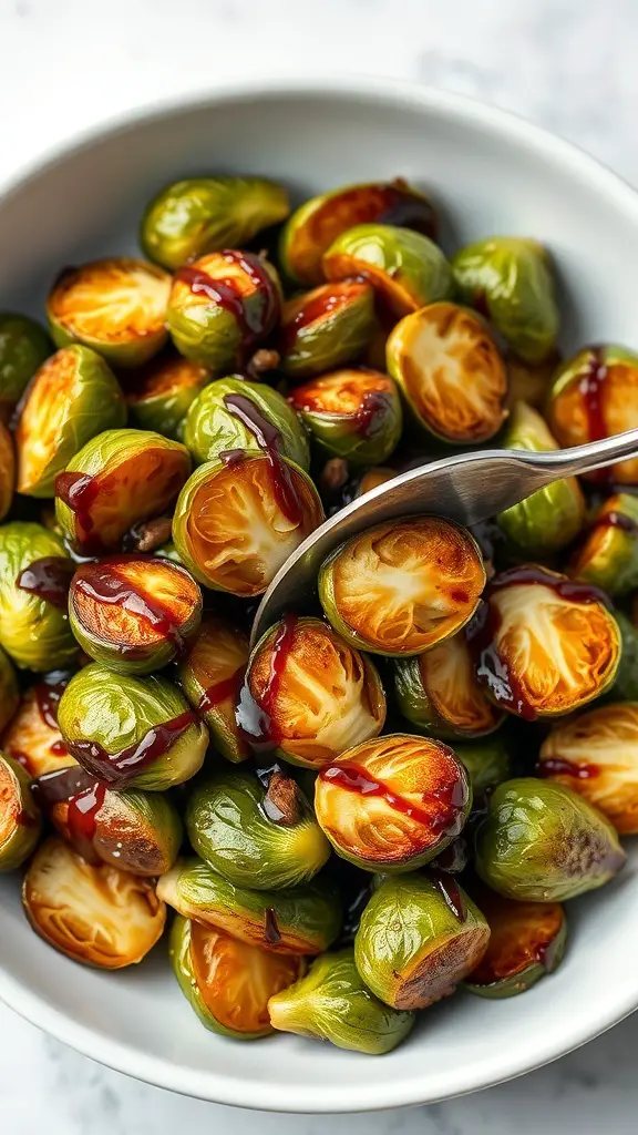 A bowl of roasted Brussels sprouts drizzled with balsamic glaze.