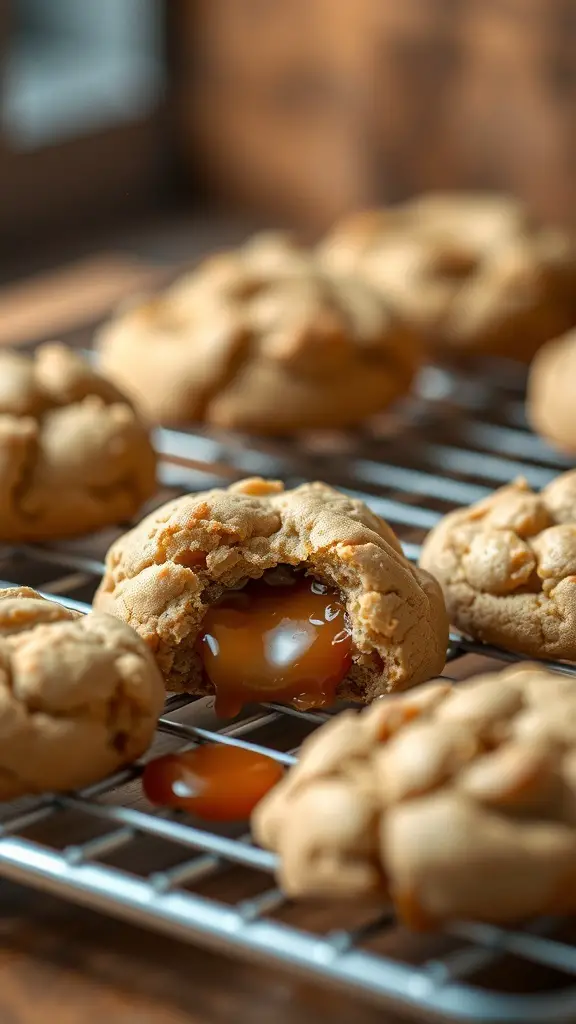 A close-up of caramel stuffed cookies on a cooling rack, with one cookie broken open to reveal a gooey caramel center.