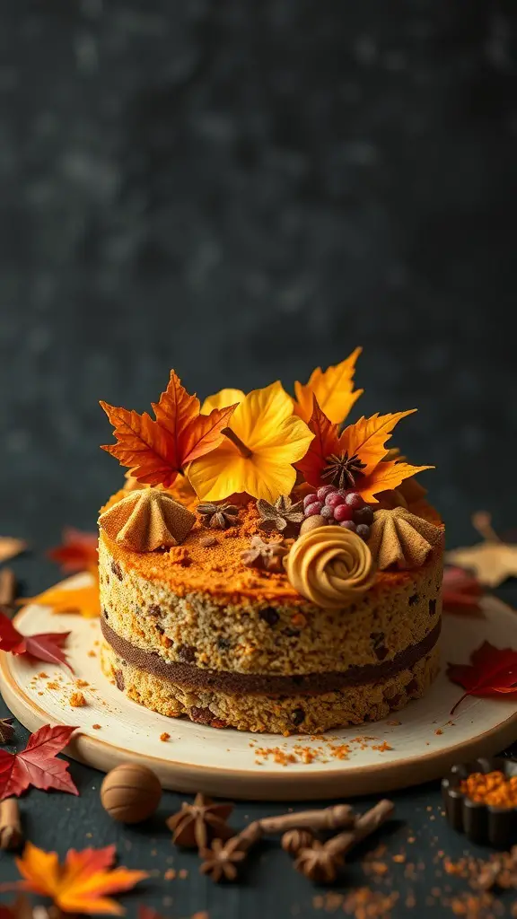 A beautifully decorated pumpkin spice bento cake with autumn leaves and meringue on top.
