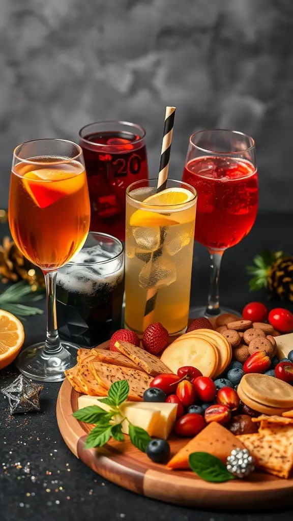 A variety of colorful drinks arranged next to a charcuterie board featuring cheeses, meats, and fruits.