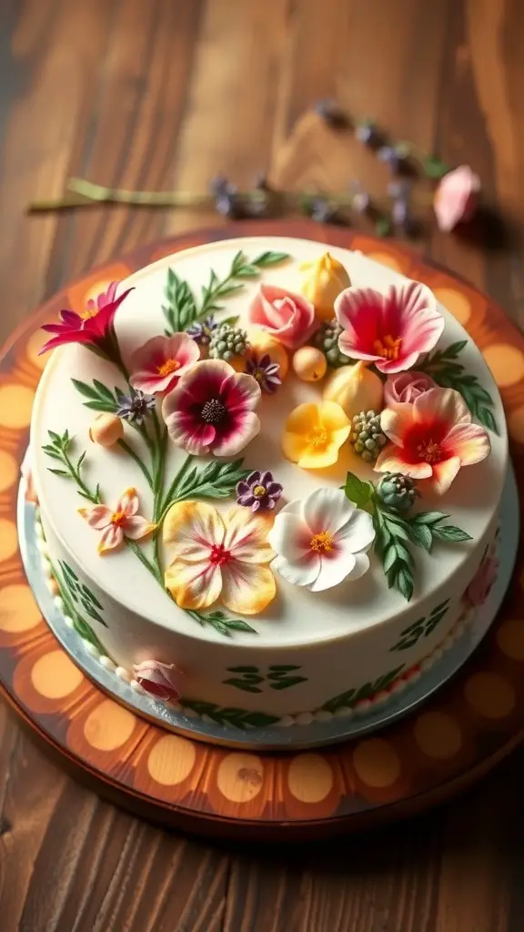 A beautifully decorated bento cake with colorful edible flowers on top.