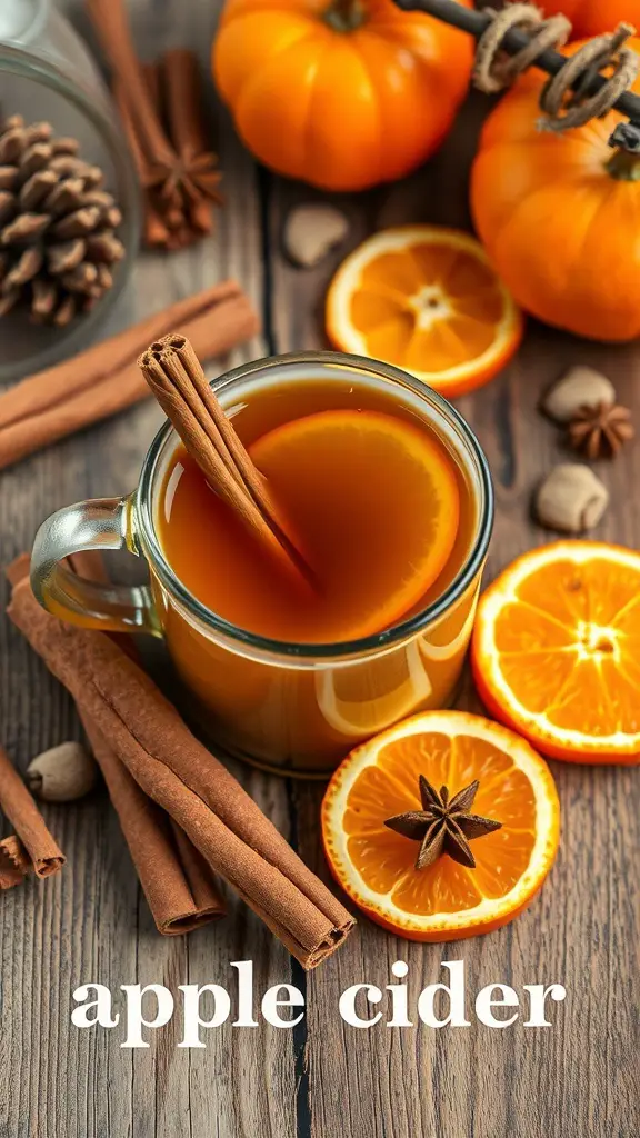 A cozy cup of spiced apple cider with cinnamon sticks, oranges, and pumpkins.