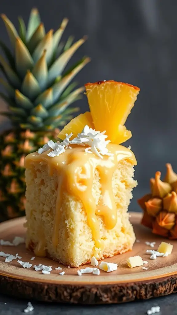 A slice of Tropical Pineapple Poke Cake drizzled with pineapple sauce, topped with a slice of pineapple and coconut flakes, with pineapples in the background.