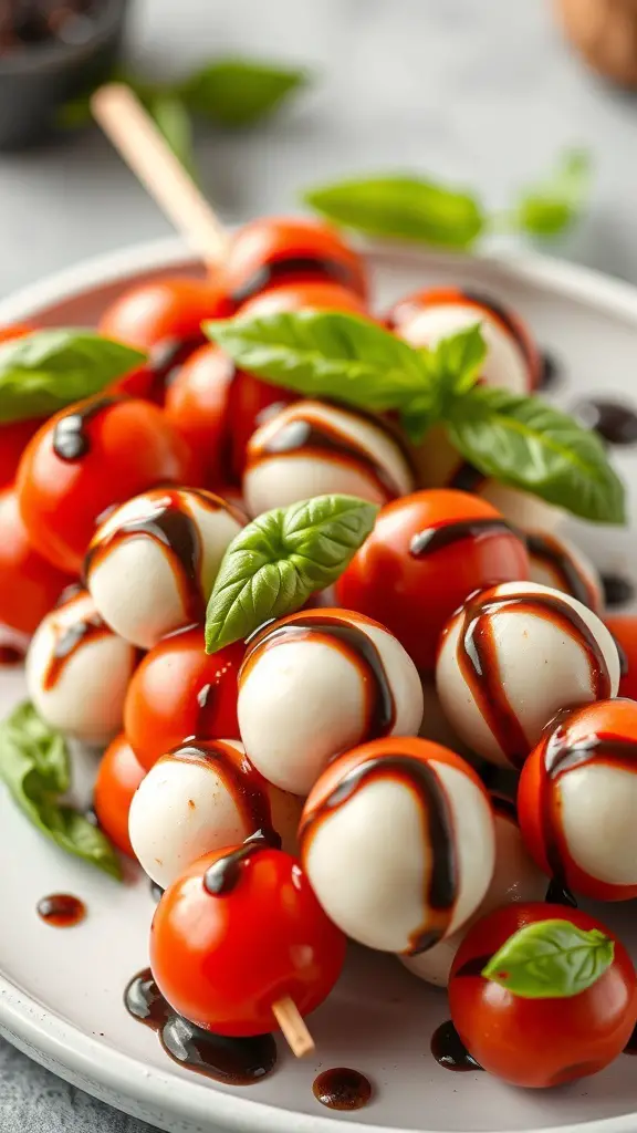 A plate of Caprese salad skewers with cherry tomatoes, mozzarella balls, and basil leaves drizzled with balsamic glaze.