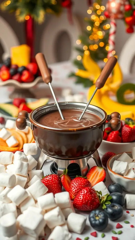 A pot of chocolate fondue surrounded by fresh fruits and marshmallows