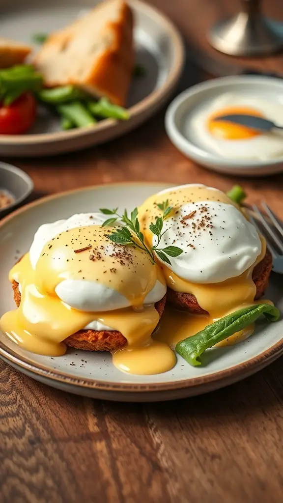 Plate of Eggs Benedict with poached eggs, hollandaise sauce, and garnished with herbs.