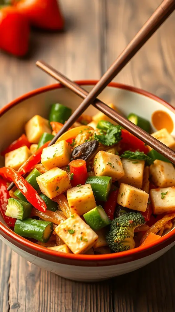 A bowl of vegetable stir-fry with tofu, featuring colorful bell peppers, broccoli, and green onions, served with chopsticks.