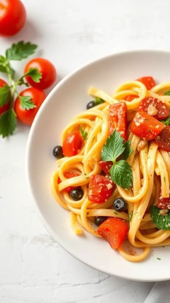 A plate of Pasta Primavera with seasonal vegetables, garnished with herbs and surrounded by fresh tomatoes.