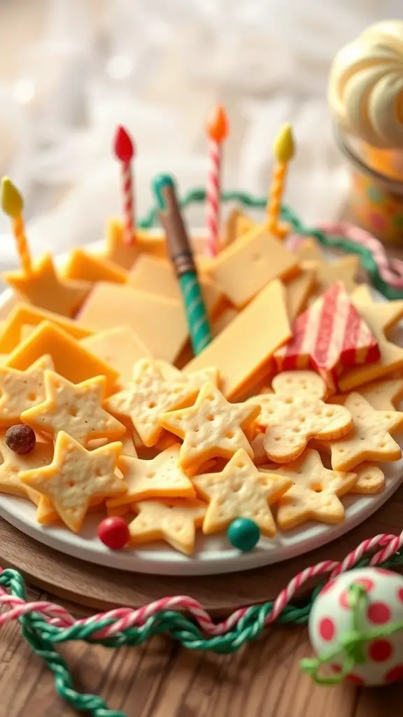 A platter of fun shaped cheese and crackers with colorful candles and decorations