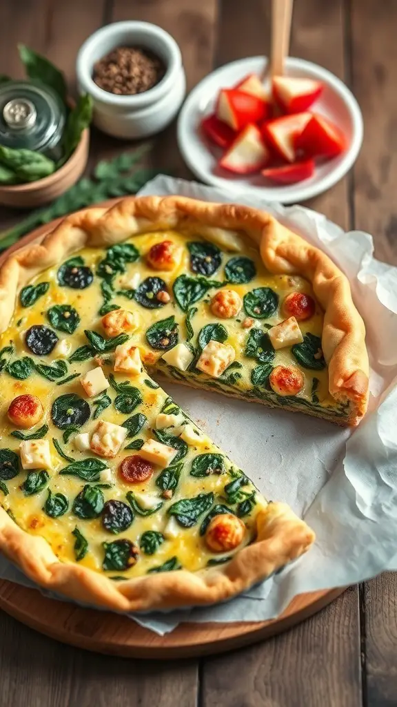 A delicious spinach and feta quiche on a wooden board with slices cut out, surrounded by fresh spinach, spices, and apple slices.