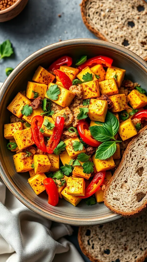 A bowl of tofu scramble with bell peppers and herbs, served with slices of whole grain bread.