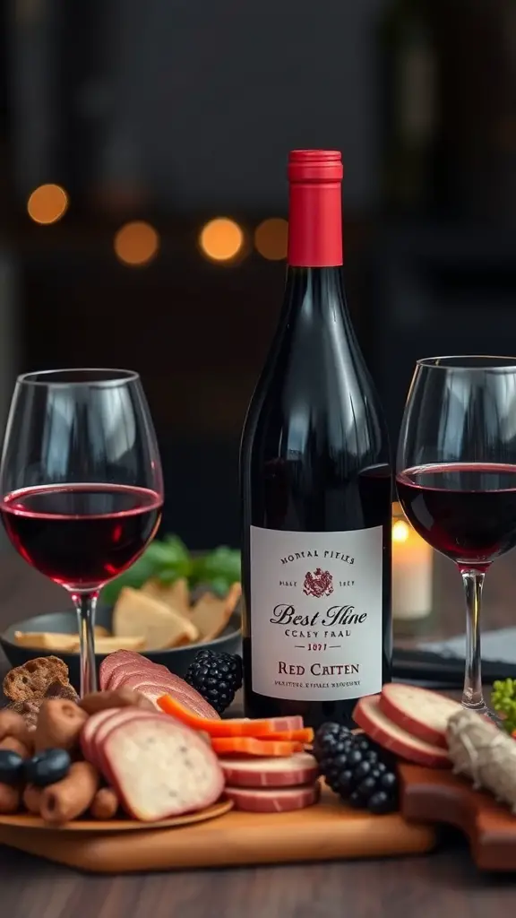 A romantic setting featuring a bottle of red wine and glasses, accompanied by a charcuterie board.