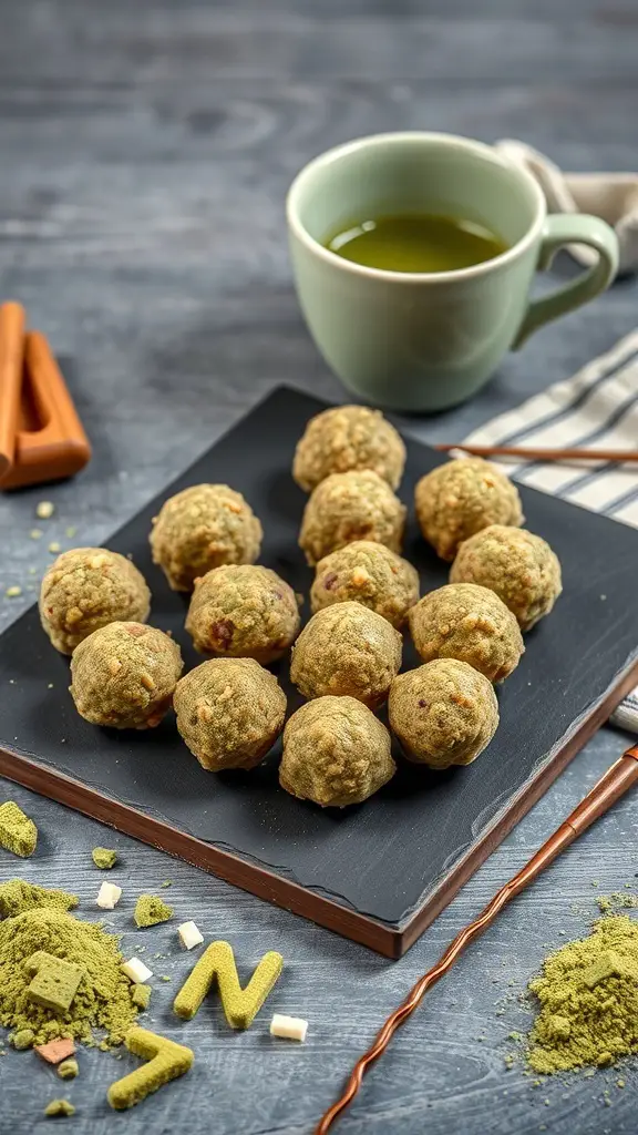 A plate of matcha green tea protein balls with a cup of green tea in the background.