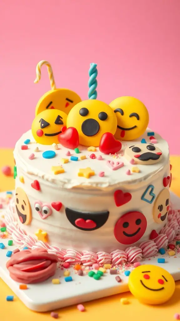A fun bento cake decorated with colorful emoji faces and sprinkles.