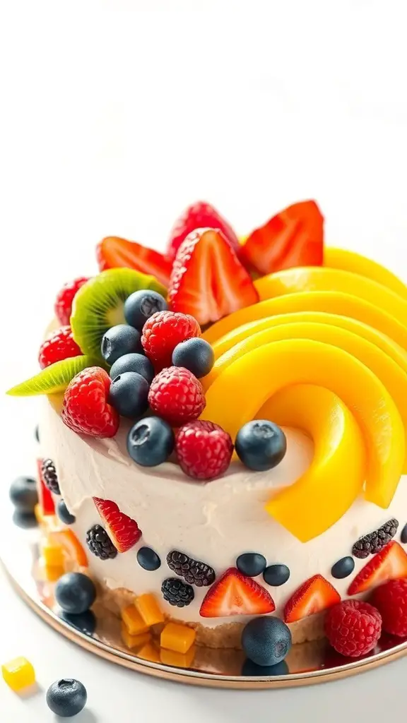 A bento cake topped with a variety of fresh fruits including strawberries, blueberries, and mango slices.