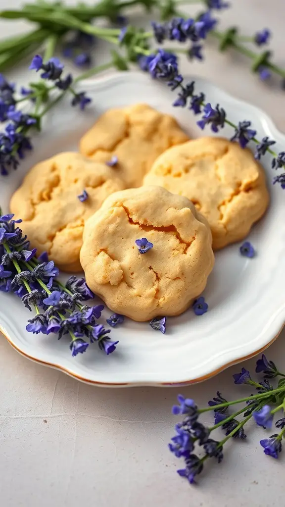 Lavender Honey Cookies on a plate with lavender flowers