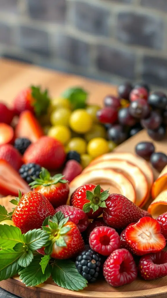 A colorful arrangement of fresh fruits including strawberries, raspberries, blackberries, and grapes on a charcuterie board.