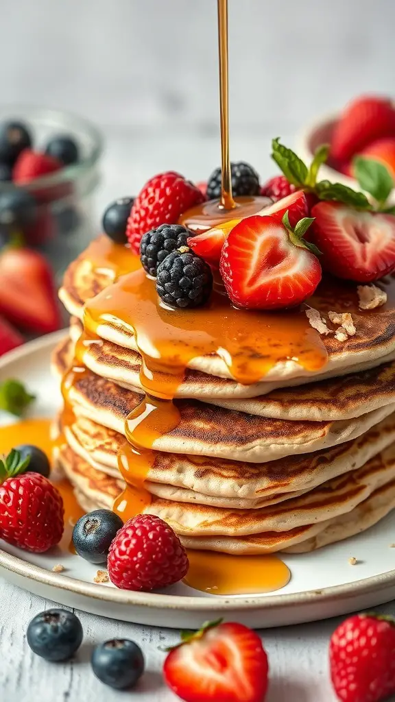 Stack of almond flour pancakes topped with fresh berries and syrup