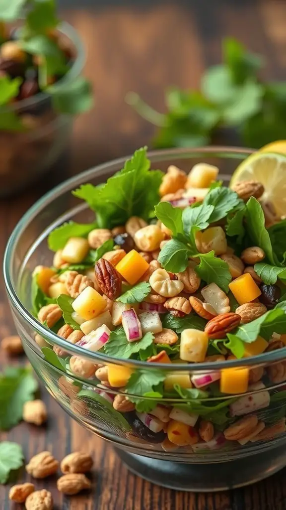 A colorful salad with leafy greens, nuts, cheese, and herbs in a glass bowl.
