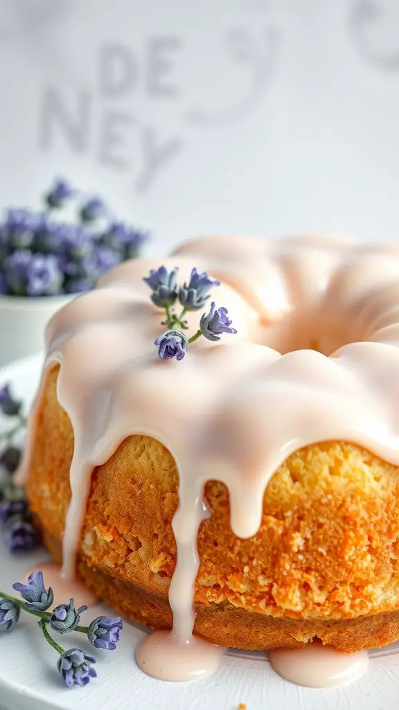 A beautifully decorated Lavender Honey Cake with a light glaze and fresh lavender sprigs on top.