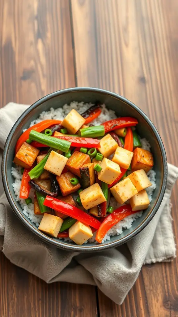 A bowl of winter vegetable stir-fry with tofu and colorful vegetables over rice.