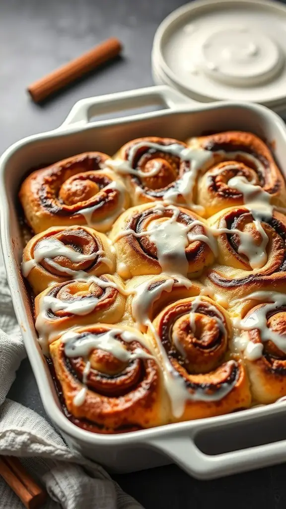 A delicious cinnamon roll casserole topped with icing, ready to be served.