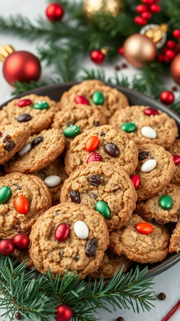 A platter of oatmeal raisin cookies decorated with colorful candies, surrounded by holiday decorations.