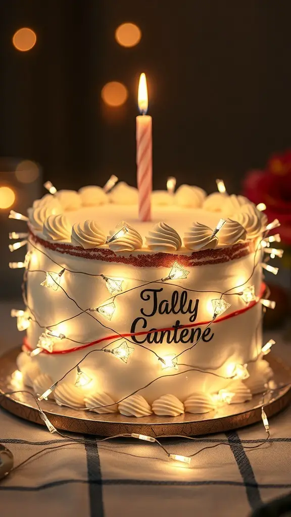 A beautifully decorated cake with fairy lights wrapped around it, featuring a candle on top.