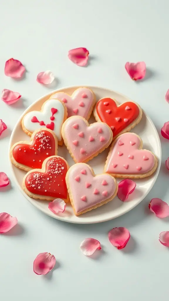 A plate of heart-shaped sugar cookies decorated with colorful icing and sprinkles, surrounded by rose petals.