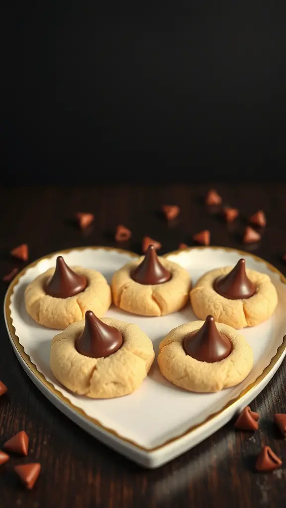 Peanut Butter Blossoms cookies topped with chocolate kisses on a heart-shaped plate