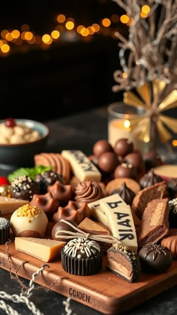 A beautifully arranged charcuterie board featuring an assortment of chocolates and sweets.