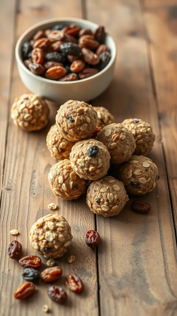 A close-up of oatmeal raisin protein balls on a wooden surface, with a bowl of mixed dried fruits in the background.
