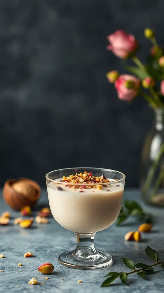 A glass of pistachio and rose water panna cotta topped with crushed pistachios and surrounded by rose flowers.